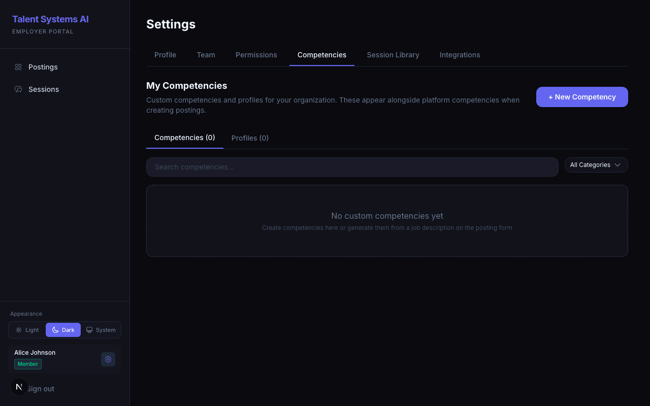 AI competency generation panel showing context notes, document upload, and suggested competencies with anchors