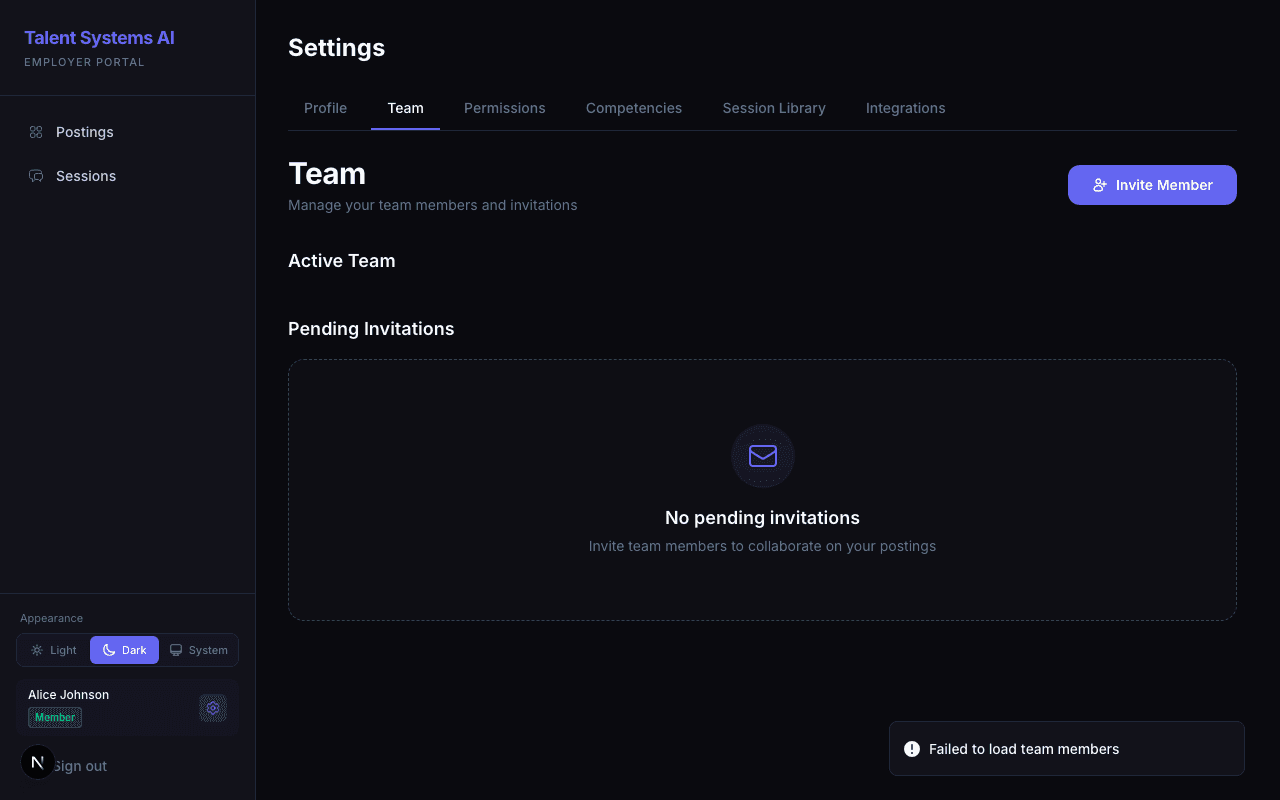 Team page showing the four role types